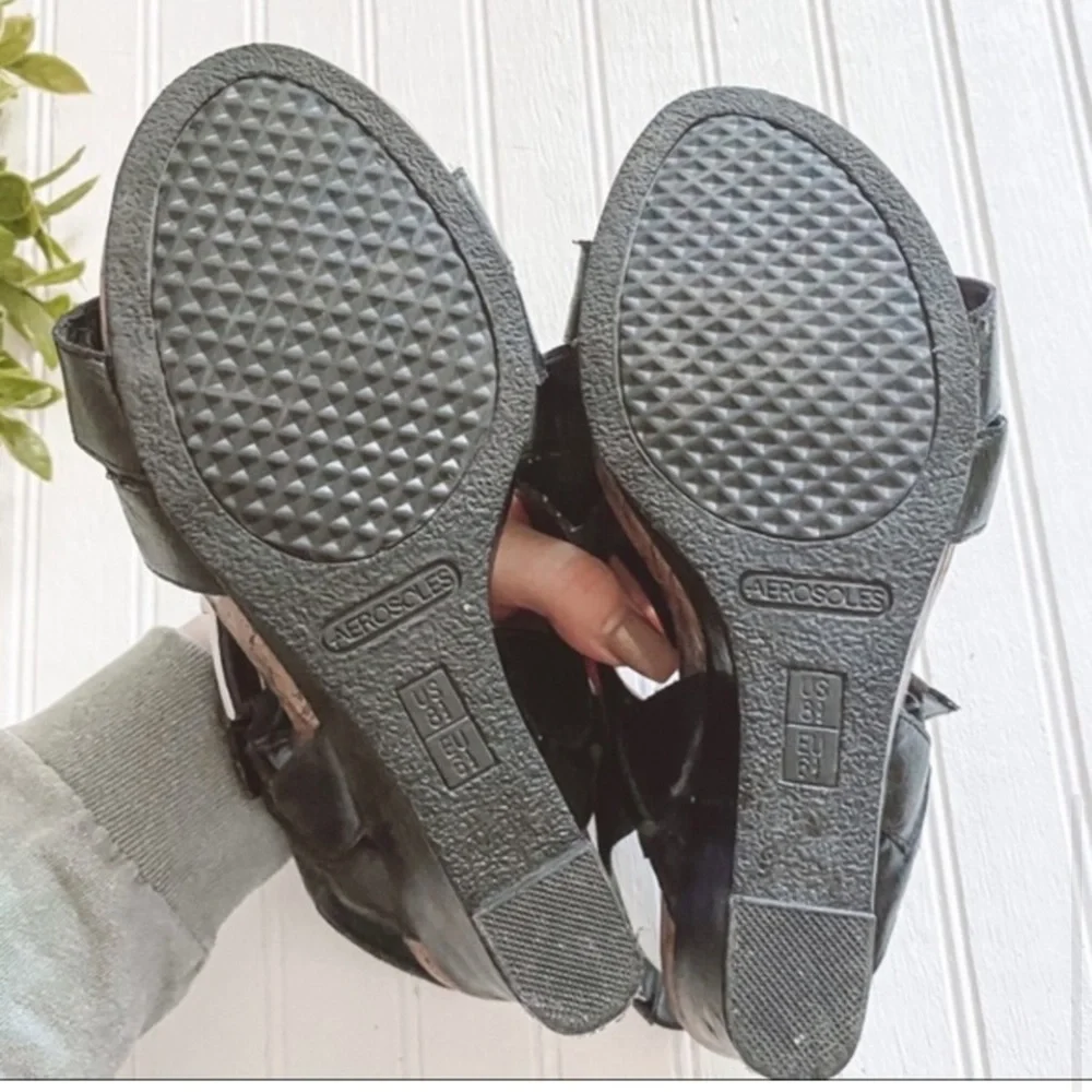 🍉 Sz 8.5 Aerosoles Wedge Cork Sandal Strappy Black